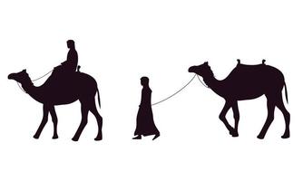 Set of silhouette camel. Man on camel, man next to camel. Vector illustration.