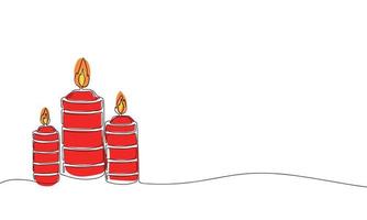 Red three candles with line art style. One line continues with color. Vector illustration.