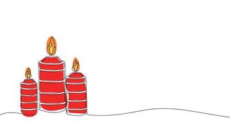 Red three candles with line art style. One line continues with color. Vector illustration.