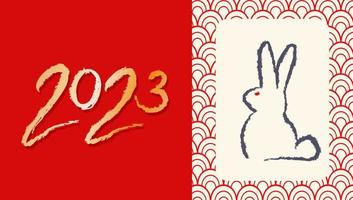 Vector caligraphy of 2023 and bunny like symbol new year. New year 2023. Hand drawing lettering with rabbit