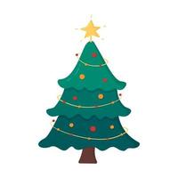 Christmas tree with star, garland and decorations. Traditional New Year symbol in cartoon style. Vector illustration isolated on white background