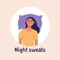 mujer que sufre de sudores nocturnos o sofocos. síntomas de la menopausia. golpe de calor. vector