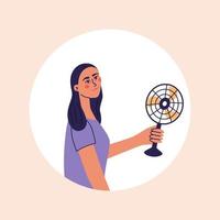 Woman hold fan near her face, female is feel hot and cool body in front of fans vector