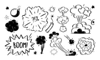 Comic explosions and bombs set. Speech bubbles with the words bom, boom, pow. Vector doodle illustration