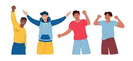 un grupo de hombres alegres de diferentes. levantan la mano y se regocijan. ilustración vectorial estilo plano vector