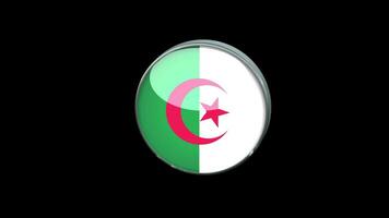 Bandeira rotativa 3D da Argélia em fundo transparente. estilo de conceito de botão de vidro de bandeira da argélia com armação de metal circular. renderize com prores 4444, canal alfa. vídeo 4k. video