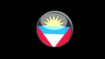 Bandera giratoria 3d de antigua y barbuda sobre fondo transparente. estilo de concepto de botón de vidrio de bandera de antigua y barbuda con marco de metal circular. renderizar con prores 4444, canal alfa. vídeo 4k video