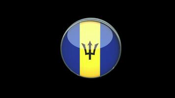 3d bandera giratoria de barbados sobre fondo transparente. estilo de concepto de botón de vidrio de bandera de barbados con marco de metal circular. renderizar con prores 4444, canal alfa. vídeo 4k video