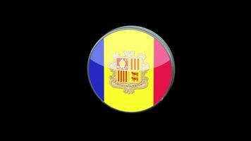 3D rotating Flag of Andorra on Transparent Background. Andorra Flag Glass Button Concept Style with Circular Metal Frame. render with ProRes 4444, alpha channel. 4K video. video