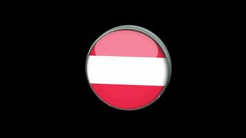Bandeira rotativa 3D da Áustria em fundo transparente. estilo de conceito de botão de vidro de bandeira austríaca com armação de metal circular. renderize com prores 4444, canal alfa. vídeo 4k. video