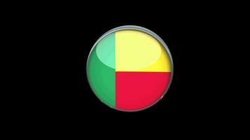 3D rotating Flag of benin on Transparent Background. benin Flag Glass Button Concept Style with Circular Metal Frame. render with ProRes 4444, alpha channel. 4K video. video