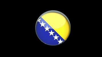 3d roterande flagga av bosnien och herzegovina på transparent bakgrund. bosnien och herzegovina flagga glas knapp begreppsmässigt stil med cirkulär metall ram. framställa med prores 4444, video