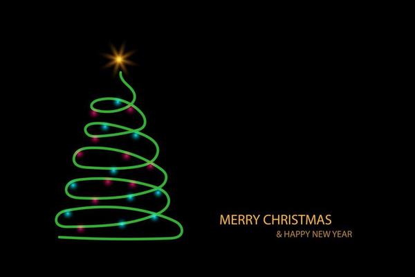 Lights green shiny Christmas tree with a golden glowing star on top and snow on black background. Holiday celebration. Bright light decoration.