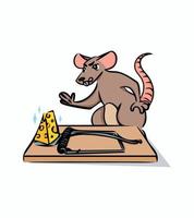 Charming rat looks at cheese in mousetrap. Concept of design element for design of brochures banners menu sites. Vector illustration. Image isolated on white background