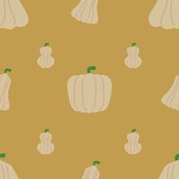 Autumn pattern with white pumpkins. Concept of seamless pattern for design of menu banner websites. Vector illustration. Image of pumpkins isolated on colored background. Design element