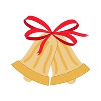 Golden bells tied with ribbon illustration. Festive decoration. Christmas bells with red bow. vector