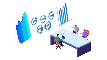 gráfico de informe actual de conferencia de oficina isométrica, gráfico circular en proyecto, diseño isométrico de trabajo en equipo. gente de negocios isométrica que tiene una reunión en el concepto de oficina vector