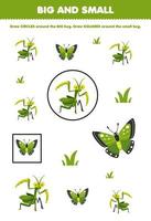 juego educativo para niños organizar por tamaño grande o pequeño dibujando un círculo y un cuadrado de una linda caricatura mantis mariposa hierba hoja de trabajo imprimible vector