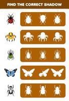 Education game for children find the correct shadow silhouette of cute cartoon ladybug spider beetle butterfly beetle printable bug worksheet vector