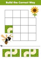 Education game for children build the correct way help cute cartoon bee move to sunflower printable bug worksheet vector