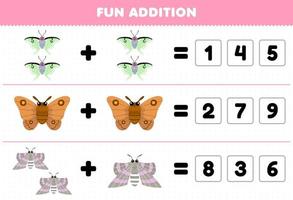 Education game for children fun addition by guess the correct number of cute cartoon moth printable bug worksheet vector