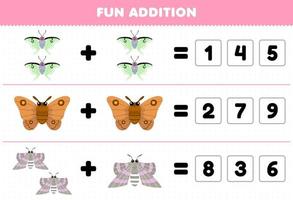 Education game for children fun addition by guess the correct number of cute cartoon moth printable bug worksheet vector