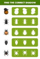 Education game for children find the correct shadow silhouette of cute cartoon beetle ladybug louse spider printable bug worksheet vector