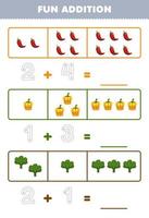 Education game for children fun addition by counting and tracing the number of cute cartoon chilli paprika spinach printable vegetable worksheet vector