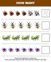 Education game for children count how many cute cartoon ladybug bee grasshopper spider and write the number in the box printable animal worksheet vector