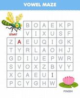 Education game for children vowel maze help cute cartoon dragonfly move to flower printable bug worksheet vector