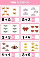 Education game for children fun addition by counting and sum of cute cartoon moth printable bug worksheet vector