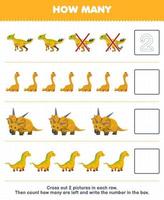 Education game for children count how many cute cartoon yellow dino and write the number in the box printable prehistoric dinosaur worksheet vector