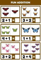 Education game for children fun addition by counting and sum of cute cartoon butterfly printable bug worksheet vector