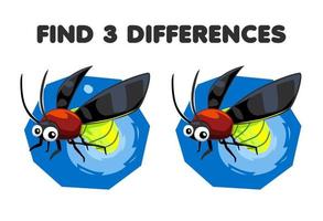 Education game for children find three differences between two cute cartoon firefly printable bug worksheet vector