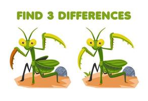 Education game for children find three differences between two cute cartoon mantis printable bug worksheet vector