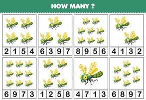 Education game for children counting how many cute cartoon dragonfly in each table printable bug worksheet vector