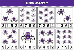 Education game for children counting how many cute cartoon spider in each table printable bug worksheet vector