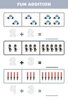 Education game for children fun addition by counting and tracing the number of cute cartoon police printable profession worksheet vector