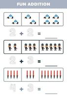 Education game for children fun addition by counting and tracing the number of cute cartoon police printable profession worksheet vector