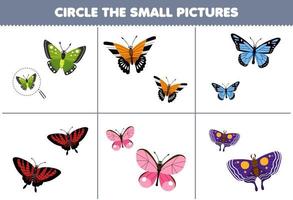Education game for children choose the small picture of cute cartoon butterfly printable bug worksheet vector