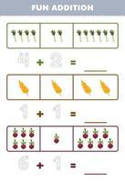 Education game for children fun addition by counting and tracing the number of cute cartoon leek wheat beet printable vegetable worksheet vector