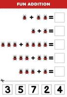 Education game for children fun addition by cut and match correct number for cute cartoon ladybug printable bug worksheet vector