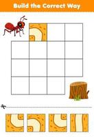 Education game for children build the correct way help cute cartoon ant move to wood log printable bug worksheet vector