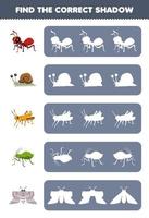 Education game for children find the correct shadow silhouette of cute cartoon ant snail grasshopper aphid moth printable bug worksheet vector