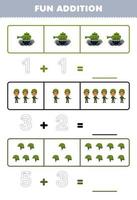 Education game for children fun addition by counting and tracing the number of cute cartoon tank army helm printable profession worksheet vector