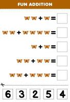 Education game for children fun addition by cut and match correct number for cute cartoon moth printable bug worksheet vector