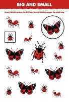 juego educativo para niños organizar por tamaño grande o pequeño dibujando un círculo y un cuadrado de una linda caricatura hormiga mariquita mariposa hoja de trabajo de error imprimible vector