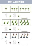 juego educativo para niños divertido además contando y rastreando el número de hojas de trabajo de verduras imprimibles de dibujos animados lindo apio pepino azada vector