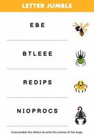 Education game for children letter jumble write the correct name for cute cartoon bee beetle spider scorpion printable bug worksheet vector