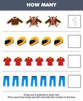 Education game for children count how many cute cartoon jacket helm polo shirt jean and write the number in the box printable wearable clothes worksheet vector